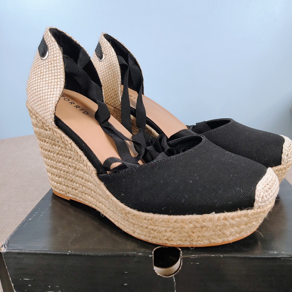 [NWT] Torrid Womens SZ 10 Canvas Espadrille Wedge Black Ribbon Tie Boho Coastal